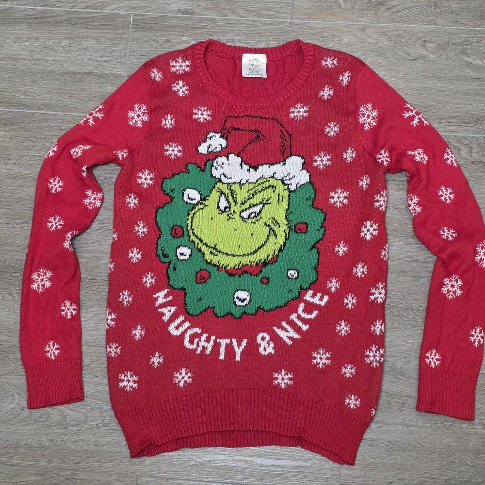 Grinch Christmas Sweater Girls Size XL 14-16 Naughty & Nice
